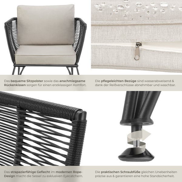 Garten-Loungesessel  tectake Sundo 75,5 x 67 x 71 cm rundes Polyrattan im Rope-Design anthrazit