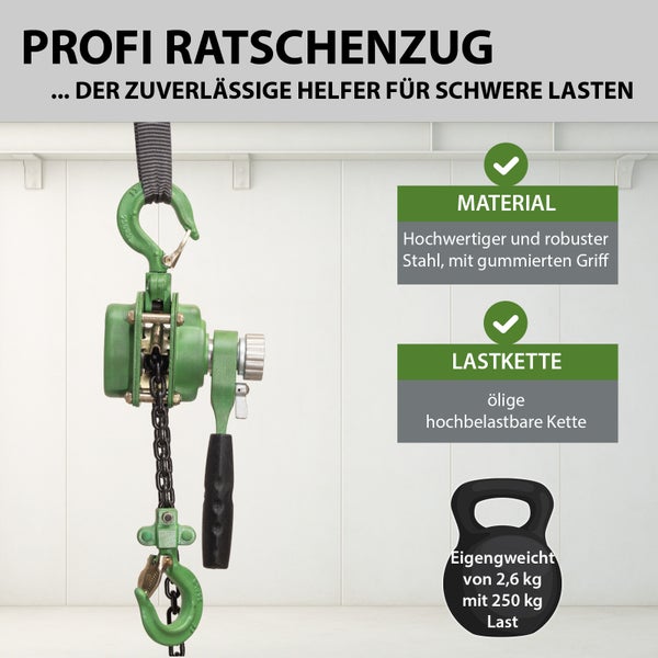 Profi Ratschenzug aus Stahl mit Lastkette und 250 Kilogramm Tragkraft.