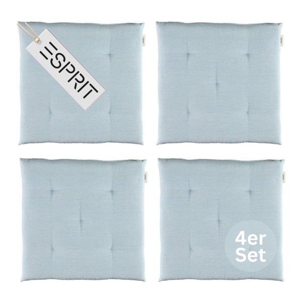 Set mit 4 Sitzkissen von Esprit, hellblau gestreift, quadratisch mit Steppung, Esprit Logo.