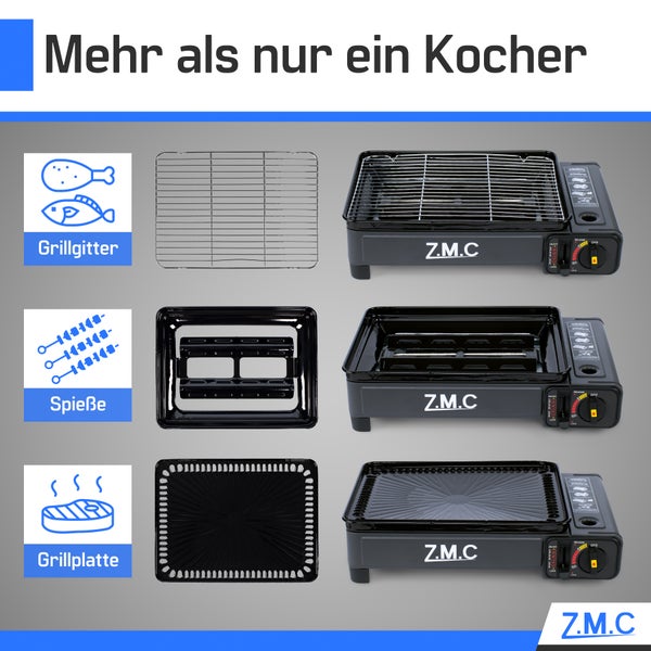 Z.M.C Gaskocher mit verschiedenen Aufsätzen wie Grillgitter, Einsatz für Spieße und Grillplatte für vielseitige Verwendung.