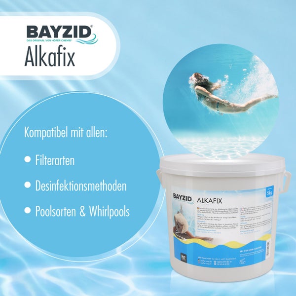 Bayzid Alkafix zur Erhöhung der Alkalinität für alle Filterarten, Desinfektionsmethoden, Poolsorten und Whirlpools in einem Fünf-Kilogramm-Eimer