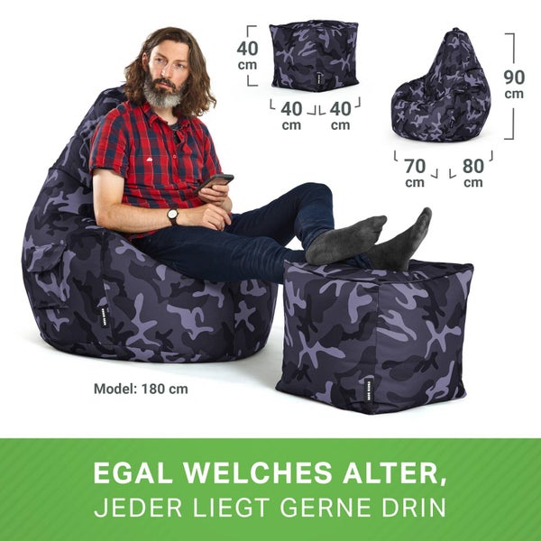 Green Bean 2er Set Sitzsack + Hocker - fertig befüllt - robust waschbar schmutzabweisend - Kinder & Erwachsene Bean Bag Bodenkissen Sitzhocker Relax-Sessel Gamer Gamingstuhl Pouf - Camouflage Schwarz