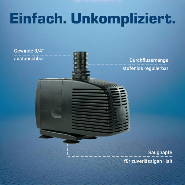 Aquariumpumpe mit austauschbarem 3/4 Zoll Gewinde, stufenlos regulierbarer Durchflussmenge und Saugnäpfen für zuverlässigen Halt.