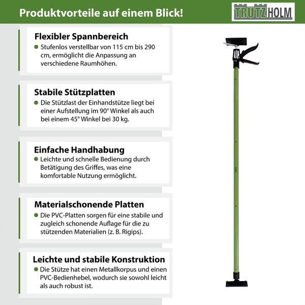 TrutzHolm Logo, Produktvorteile einer Einhandstütze mit flexiblem Spannbereich, stabilen Stützplatten, einfacher Handhabung, materialschonenden Platten sowie leichter und stabiler Konstruktion.