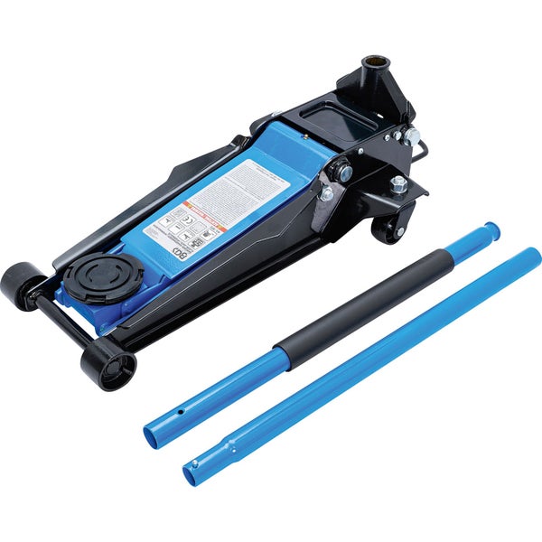 Blau-schwarzer hydraulischer Rangierwagenheber mit Darstellung des Hubbereichs und verschiedenen Arbeitshöhen.