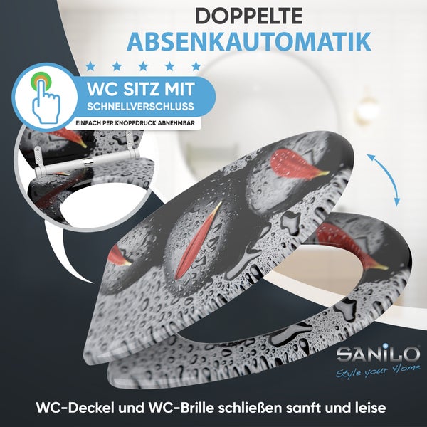 Sanilo WC-Sitz mit Wassertropfen und Blättern, doppelte Absenkautomatik und Schnellverschluss. Sanilo Logo.