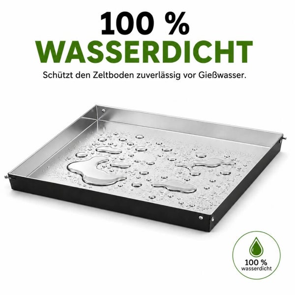 Wasserdichte Bodenwanne für Pflanztische zum Schutz vor Gießwasser mit Wassertropfen auf der Metalloberfläche.