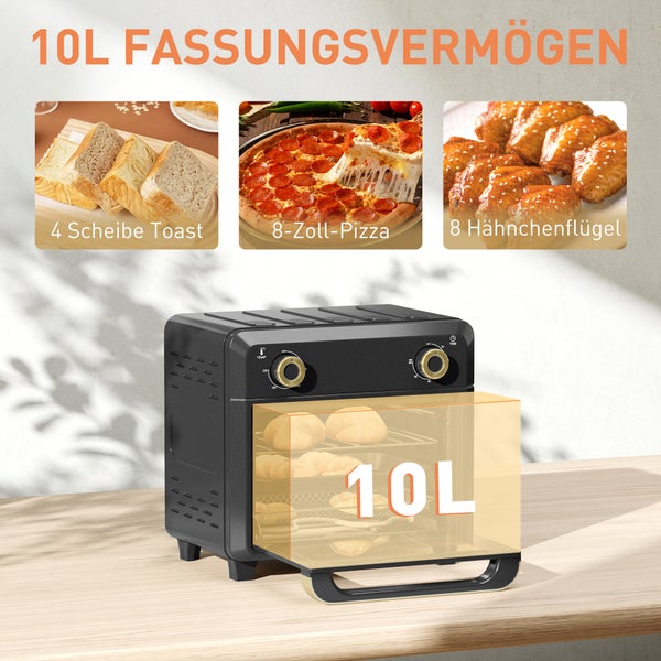 Schwarzer Mini-Backofen mit 10 Litern Fassungsvermögen, passend für 4 Scheiben Toast, eine Pizza von circa 20 Zentimetern oder 8 Hähnchenflügel.