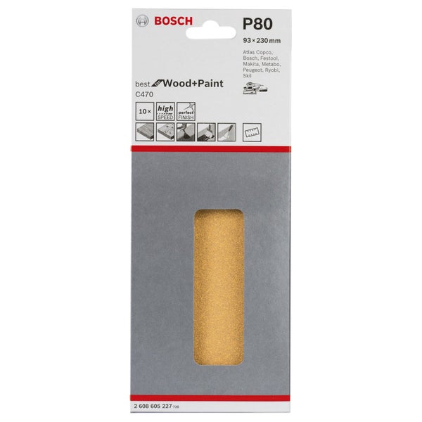 Bosch Schleifpapier P80, Körnung 80, Abmessung 93 mal 230 Millimeter, geeignet für Holz und Farbe