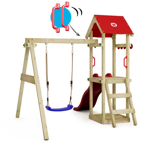 WICKEY Spielturm Klettergerüst TinyWave mit Schaukel und Rutsche, Kletterturm mit Sandkasten, Leiter und Spiel-Zubehör - rot