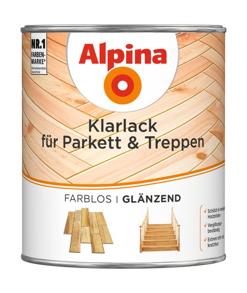 Alpina Klarlack für Parkett und Treppen, farblos, glänzend, schützt und versiegelt Holzoberflächen, extrem trittfest und kratzfest.