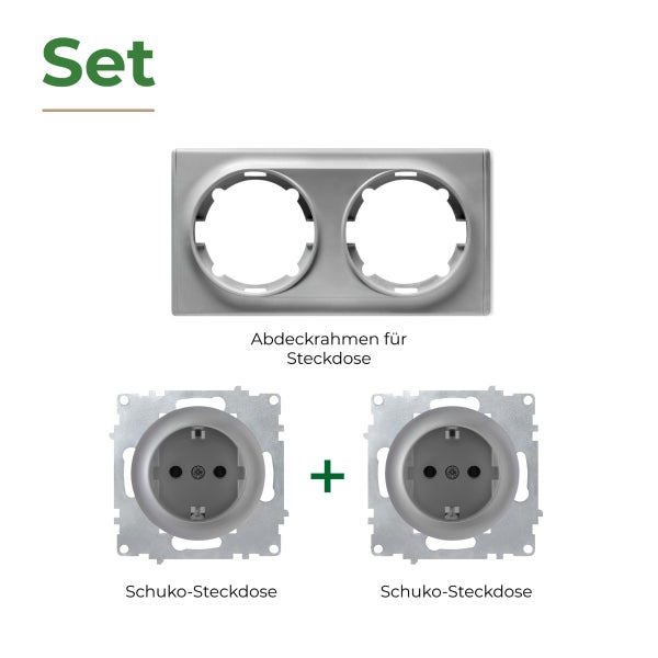 Set bestehend aus zweifachem Abdeckrahmen und zwei Schuko Steckdosen Einsätzen für Unterputz Installation