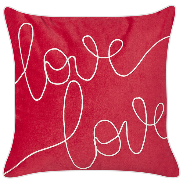 Quadratisches Dekokissen in Rot mit weißem Love Schriftzug aus Kordelstickerei.