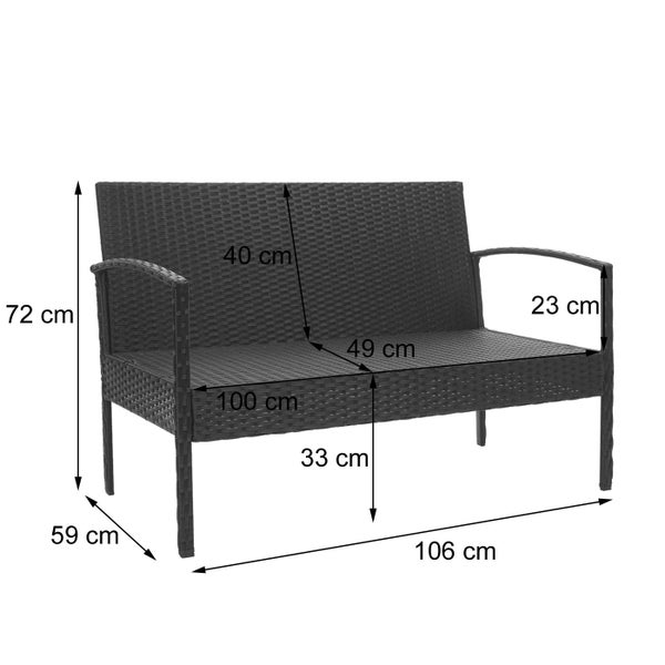 Gartenbank aus Polyrattan mit Maßen: Breite 106 Zentimeter, Tiefe 59 Zentimeter, Gesamthöhe 72 Zentimeter und Sitzhöhe 33 Zentimeter.