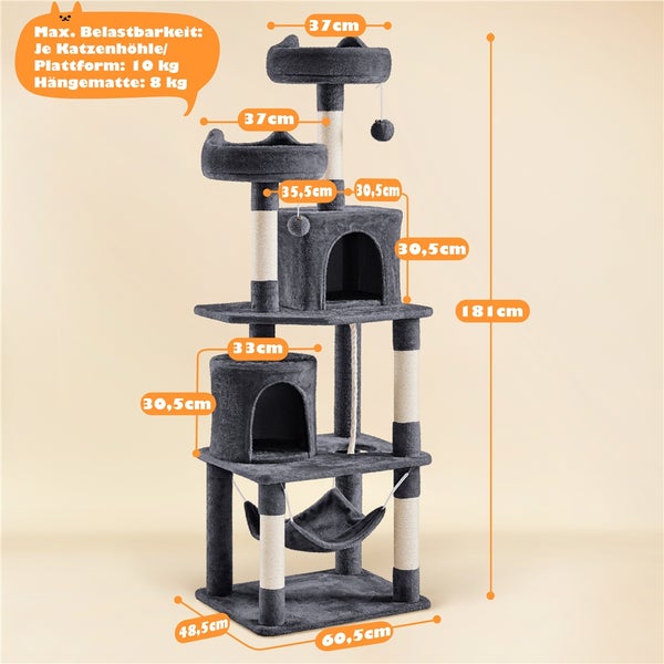 Grauer Kratzbaum mit Katzenhöhlen, Plattformen und Hängematte, Maße 181 Zentimeter Höhe