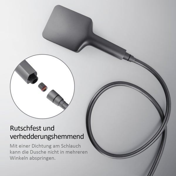 EMKE Duschsystem mit Thermostat, Handbrause mit 3 Strahlstärken, Wasserfall-Auslauf, Duschsäuleset Duschgarnitur mit glasablage, KTW Zertifizieren, Anthrazit Matt