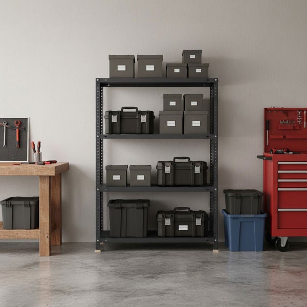 Organisierte, helle Werkstatt mit dunklem Metall-Schwerlastregal, Aufbewahrungsboxen, Werkzeugkoffern, Holzwerkbank und einem roten Werkzeugwagen.