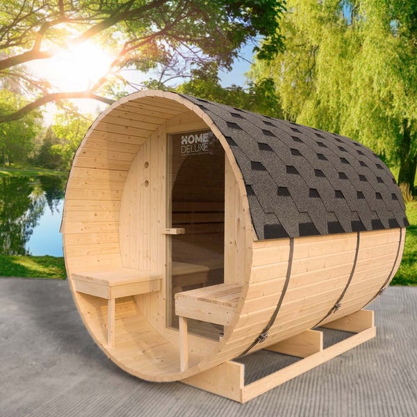 Home Deluxe - Outdoor Fasssauna LAHTI DELUXE L - Maße: ca. 195 cm x 192 cm x 220 cm, Holz: Fichtenholz - inkl. Saunaofen und Saunazubehör I Gartensauna, Außensauna, Sauna Fass für 4 Personen