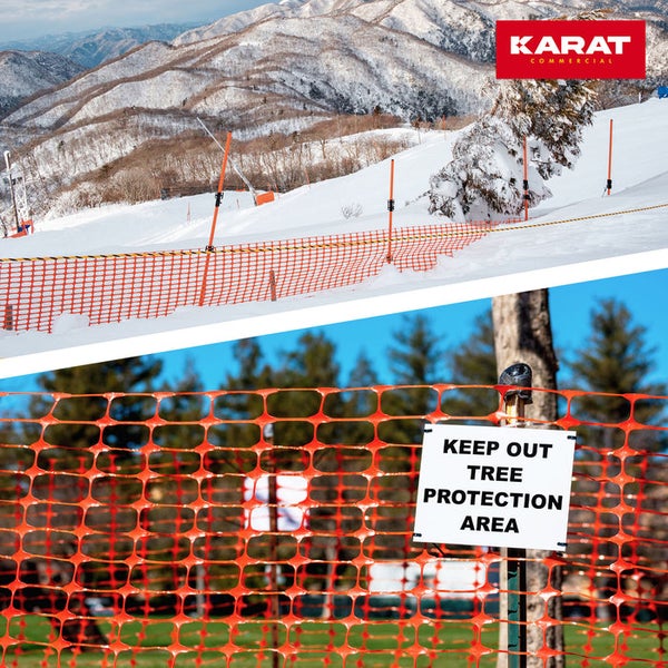 Sicherheitszaun und Absperrnetz im Einsatz auf einer Schneepiste und als Baumschutz mit Hinweisschild. Karat Commercial Logo.
