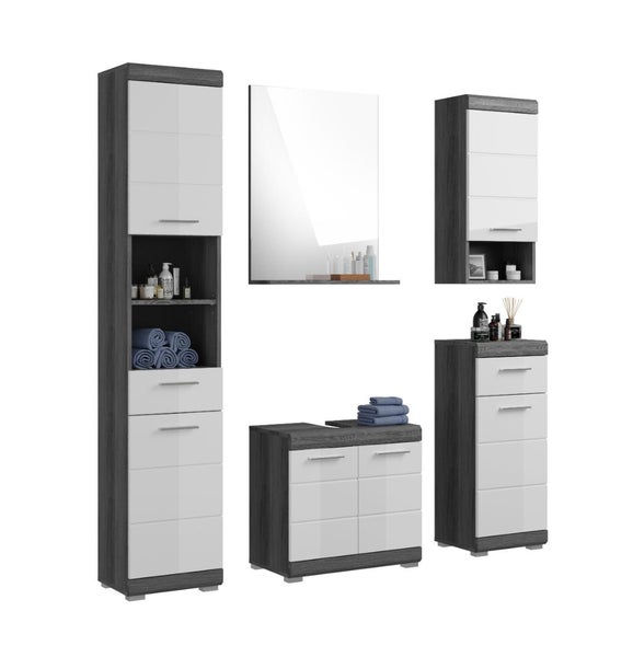 Badezimmermöbel-Set in Anthrazit und Weiß, bestehend aus Hochschrank, Spiegel mit Ablage, Hängeschrank, Unterschrank und Beistellschrank.