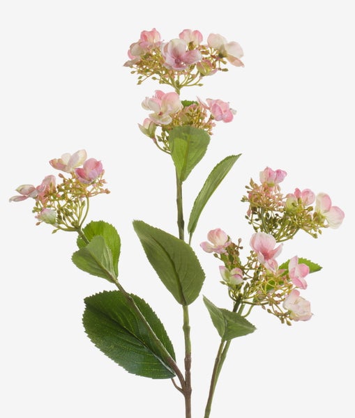 Künstlicher Hortensienzweig mit rosa Blüten und grünen Blättern.