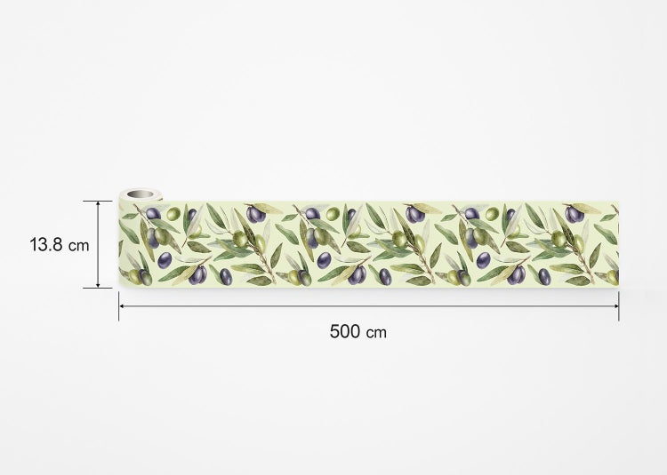 Tapetenbordüre mit Olivenzweigen und Oliven, 13,8 Zentimeter hoch und 500 Zentimeter lang.