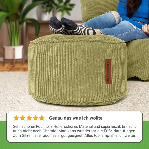 Green Bean Pouf-Kissen 45x25cm mit EPS-Perlen Füllung & Cordstoff Bodenkissen Liegekissen Sitzkissen Sitzhocker Sessel Kinder Erwachsene Stoff Hocker Ablage Grün
