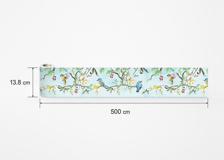 Tapetenbordüre selbstklebend mit Vogelmotiv, Ästen und Blumen, Maße 13,8 Zentimeter mal 500 Zentimeter.