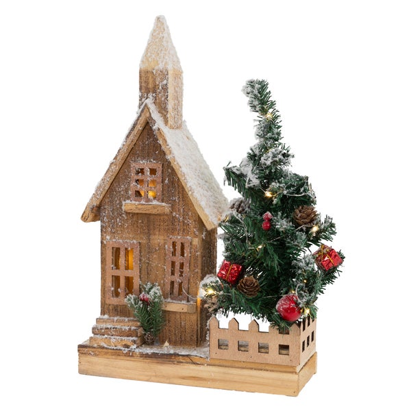 ECD Germany Dekorative Holz-Weihnachtshaus mit LED-Beleuchtung, Warmweiß, 27x11x44 cm, batteriebetrieben, Timer, Deko Holzhaus & Tanne, Winterhaus beschneit, Weihnachtsdeko Innen, Weihnachtsdekoration