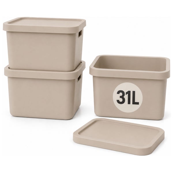 Drei Kunststoff Aufbewahrungsboxen mit Deckel und einem Volumen von 31 Litern pro Box für die Ordnung im Haushalt.