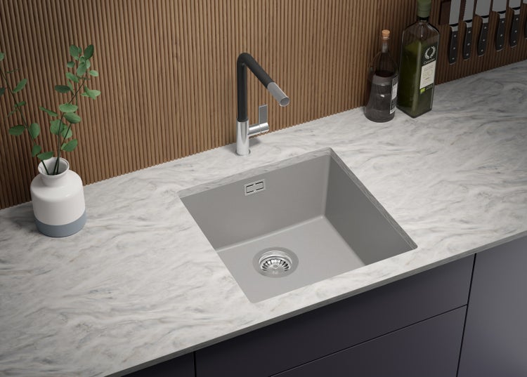 PRIMAGRAN Unterbauspüle Granit Grau 46x47cm, Spülbecken 1 Becken + Ablauf-Set, Granitspüle ab 50er Unterschrank - London