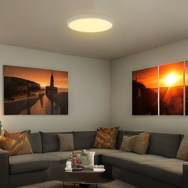 Runde Deckenleuchte in einem Wohnzimmer mit Sofa und Wandbildern