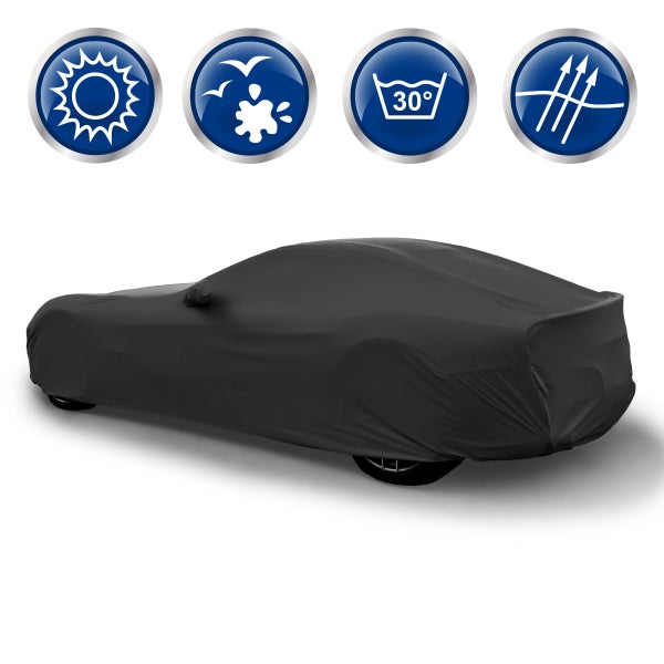 ECD Germany Autoabdeckung Indoor | M 431x165x119 cm | Stretch Soft Satin | Schwarz | atmungsaktiv | Staub- und Schmutzabweisend | Abdeckplane Autoplane Autogarage Ganzgarage Schutzdecke Schutzhülle