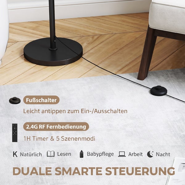 Stehleuchte mit Fußschalter und Funkfernbedienung, bietet Timer und fünf Beleuchtungsmodi für verschiedene Wohnbereiche.