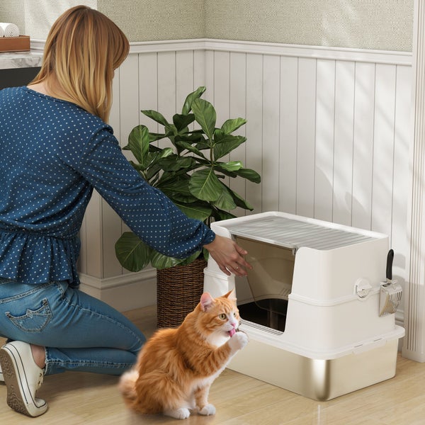 Katze und Person interagieren mit einer geschlossenen Katzentoilette in einem Badezimmer.