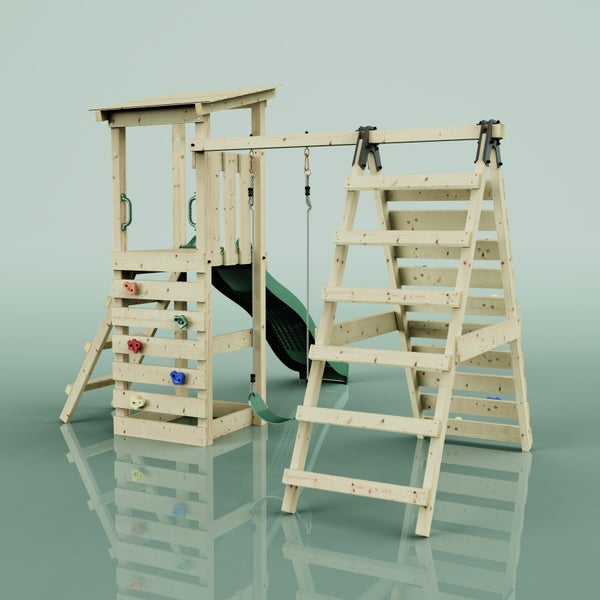 Spielturm aus Holz mit Rutsche, Schaukel und Kletterwand