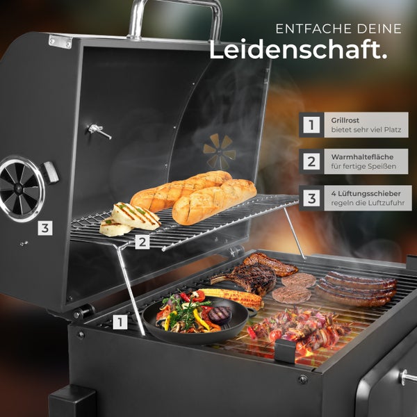 Holzkohlegrill mit Grillrost, Warmhaltefläche und Belüftungsschiebern zum Grillen von Gemüse, Brot, Würstchen und Fleisch