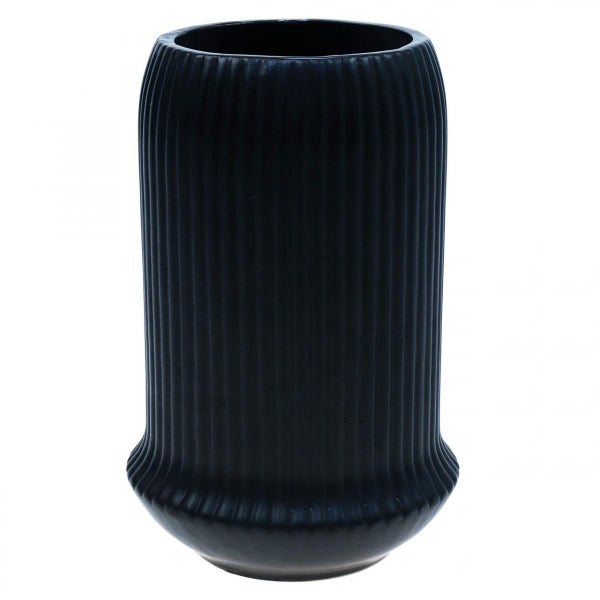 Zylindrische schwarze Vase aus Keramik mit vertikalem Rillenmuster und abgerundetem Sockel
