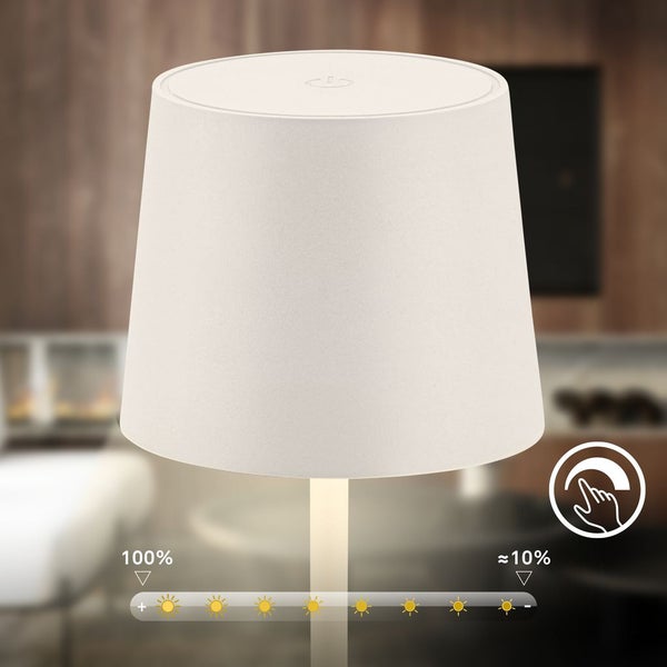 Weiße Tischleuchte mit Touch-Funktion und stufenloser Dimmbarkeit von 100 Prozent bis circa 10 Prozent.