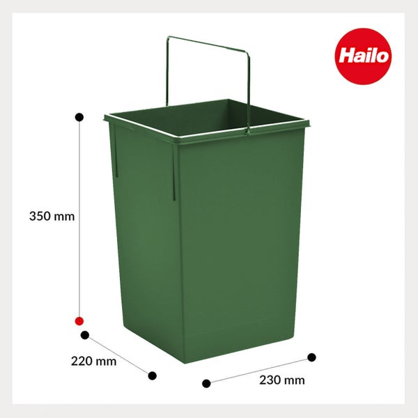 Hailo Mülleimer aus Kunststoff mit Metallbügel, Maße 350 Millimeter hoch, 230 Millimeter breit, 220 Millimeter tief. Hailo Logo.