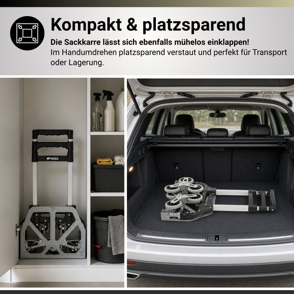 Zusammengeklappte Sackkarre mit Proxeal Logo, platzsparend verstaut in einem Schrank und flach liegend im Kofferraum eines Autos.