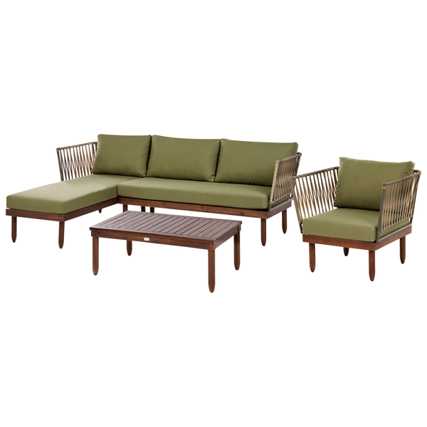 Garten-Lounge-Set aus Holz mit olivgrünen Polstern, bestehend aus Ecksofa, Sessel und Couchtisch mit Seilbespannung an den Lehnen.