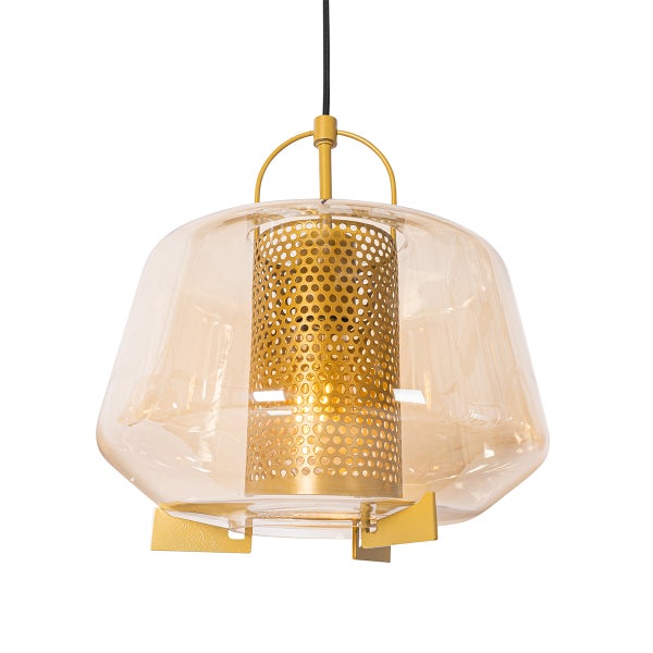Hängelampe gold mit braunem Glas 30 cm länglich 3-flammig - Kevin