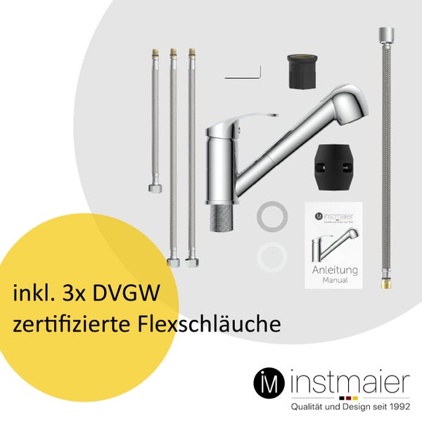 instmaier Küchenarmatur K2 | Ausziehbare Brause | Wasserhahn Küche mit 2 Funktionen | Spültischarmatur Chrom | 360° schwenkbar | mit Zentralverschraubung