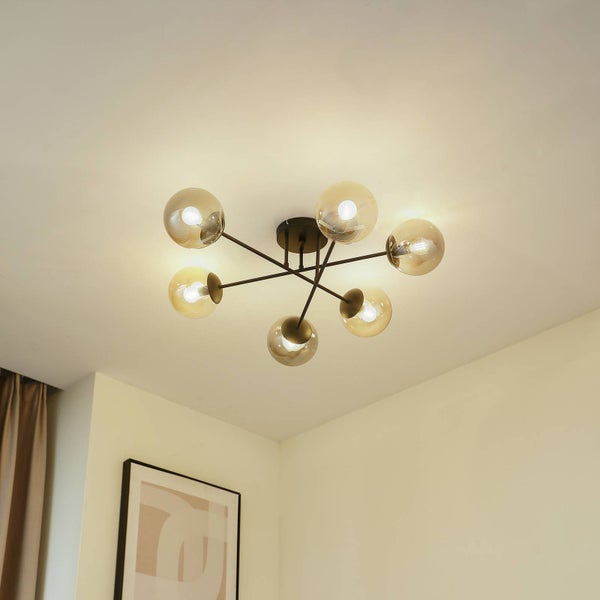Deckenleuchte mit sechs Leuchtkörpern und Glaskugeln