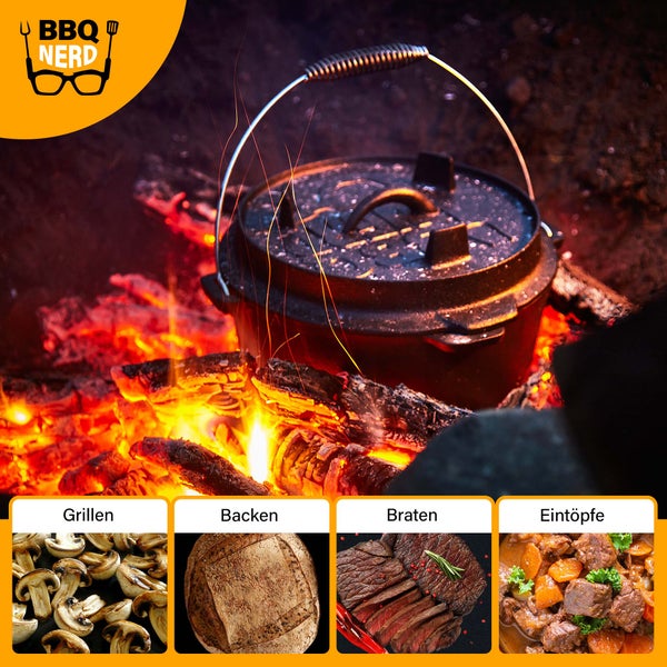 BBQ-Nerd Dutch Oven Professional 7,3L mit Ständer | bereits eingebrannt - preseasoned | Gusseisen Feuertopf mit Deckel und integr. Bratpfanne | Feuerfester Grill & Camping Kochtopf mit Deckelheber