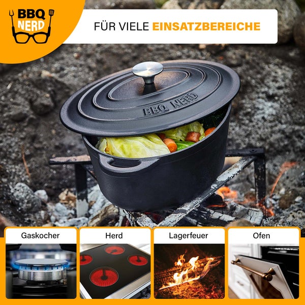BBQ-Nerd Bräter (rund) mit Deckel 5 L aus Gusseisen mit Emaille-Beschichtung | Bratentopf Kochtopf Gusseisentopf - ideal zum langsamen Garen | Energieeffiziente, wärmespeichernde Cocotte
