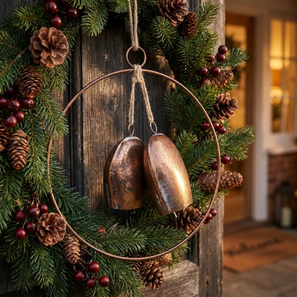 Weihnachtskranz aus Tannenreisig mit Tannenzapfen, Beeren und zwei hängenden Metallglocken an einer Holztür