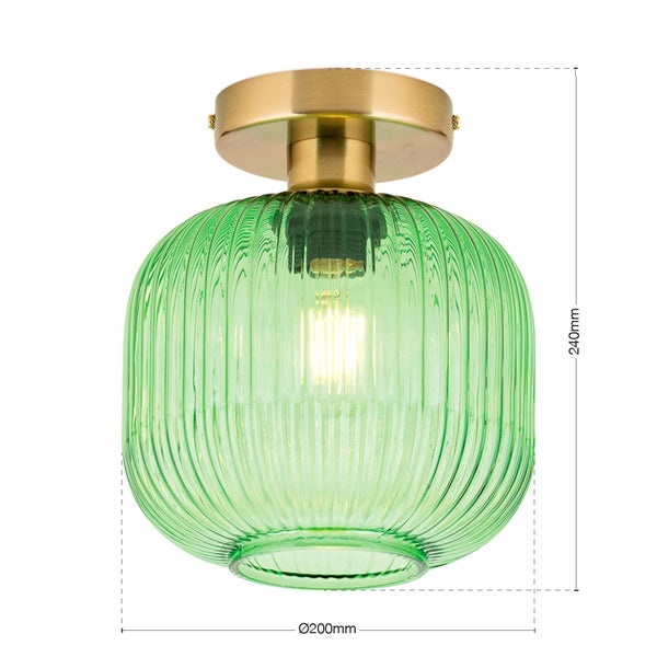Deckenleuchte mit grünem Glasschirm und goldenem Sockel, Abmessungen 240 mm Höhe und 200 mm Durchmesser