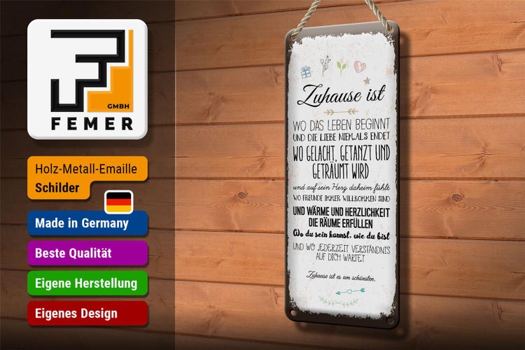 Blechschild Spruch Zuhause ist wo das Leben beginnt 10x27cm